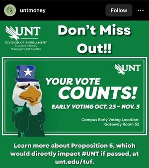[Image of Scrappy the University of North Texas Mascot Encouraging Students to Vote]