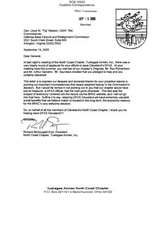 Coalition Correspondence – Letter dtd 09/14/05 to Commisssioner Newton from Richard McDougald Enty, President of the North Coast Chapter, Tuskegee Airman, Inc.