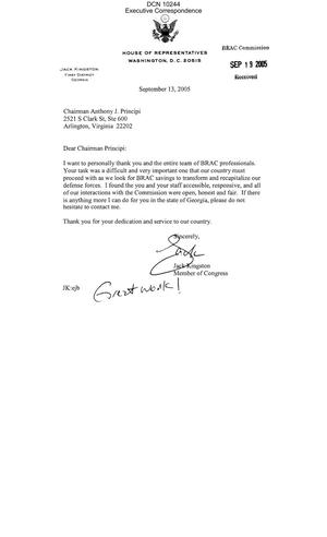 Executive Correspondence – Letter dtd 09/13/05 to the Commissioners and Chairman Principi from Representative Jack Kingston (GA, 1st)