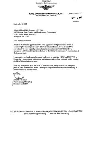Executive Correspondence – Letter dtd 09/06/05 to Commissioner Gehman from VADM (Ret) John Fetterman, President and CEO of the Naval Aviation Museum Foundation, Inc.