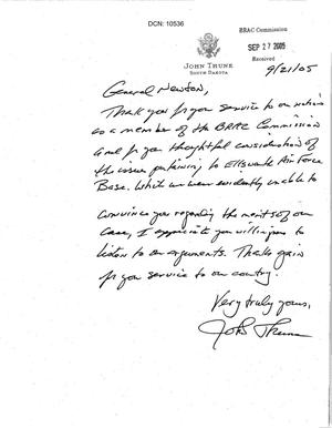 Thank You Note from Senator Thune (R-SD) to Commissioner Newton