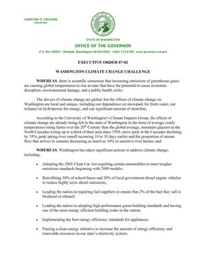 Primary view of object titled 'Excutive Order 07-02: Washington Climate Change Challenge'.