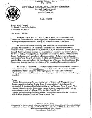 Executive Correspondence - Letter dtd 10/13/05 from Chairman Principi to WA Senators Cantwell and Murray, as well as WA Representatives Dicks and Smith