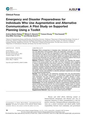Primary view of object titled 'Emergency and Disaster Preparedness for Individuals Who Use Augmentative and Alternative Communication: A Pilot Study on Supported Planning Using a Toolkit'.