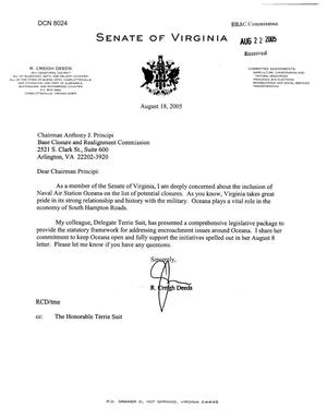 Executive Correspondence - Letter from Senate of Virginia -  R. Creigh Deeds Regarding Oceana
