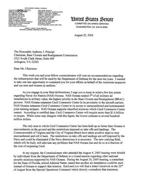 Executive Correspondence - Letter from Virginia Senator John Warner regarding NAS Oceana vs. NAS Cecil Field