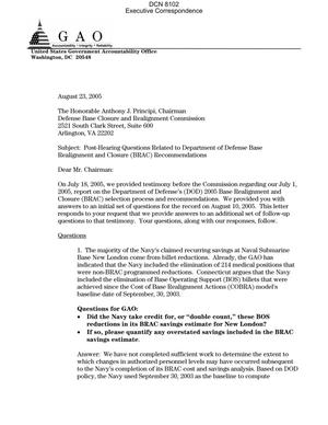 Executive Correspondence - Letter dtd 08/23/05 to Chairman Principi from GAO's Barry W. Holman, Director Defense Capabilities and Management