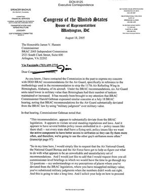 Executive Correspondence – Letter dtd 08/18/05 to Commissioner Hansen from Representative Spencer Bachus (6th, AL)