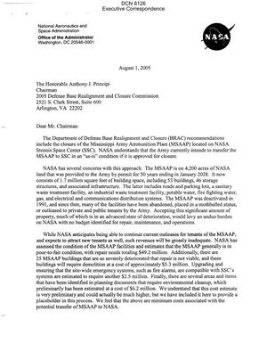Executive Correspondence – Letter dtd 08/01/05 to Chairman Principi from Michael Griffin, Administrator of the National Aeronautics and Space Administration (NASA),