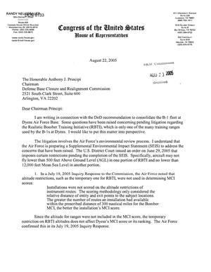 Executive Correspondence - Letter from Congressman Randy Neugebauer (Texas) Regarding Dyess AFB