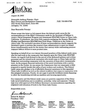 Executive Correspondence - Letter from Robert M. Boland President/CEO of Alta One Federal Credit Union Regarding China Lake