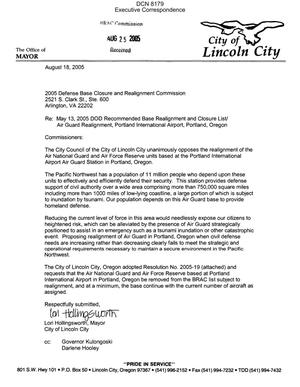 Letter dtd 08/18/05 to the Commission from Mayor Hollingsworth of Lincoln City, OR