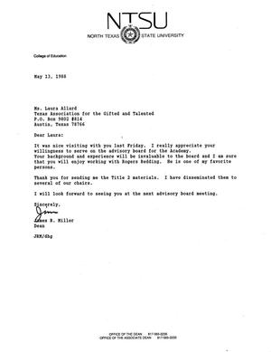 [Letter from James Miller to Laura Allard, May 13, 1988]