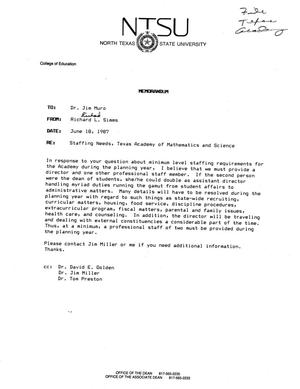 Primary view of object titled '[Memorandum from Richard L. Simms to Jim Muro, June 18, 1987]'.