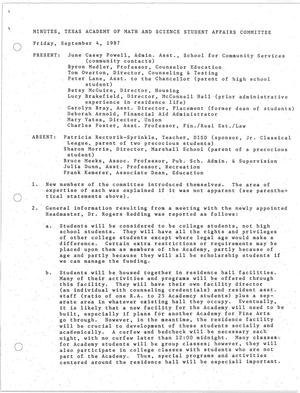 Minutes, Texas Academy of Math and Science Student Affairs Committee, September 4, 1987