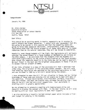 Primary view of object titled '[Letter from James R. Miller to Orbry Holden, January 14, 1986]'.