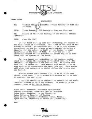 [Memorandum from Frank Kemerer to Student Affairs Committee, June 15, 1987]