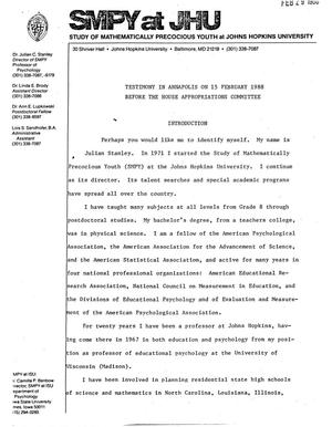 Testimony in Annapolis on 15 February 1988 Before the House Appropriations Committee