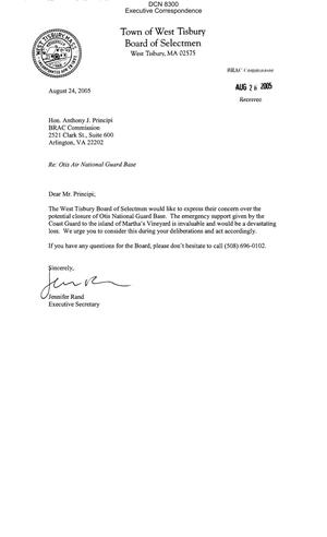 Executive Correspondence – Letter dtd 08/24/05 for Chairman Principi from West Tisbury, MA Board of Selectmen Executive Secretary Jennifer Rand