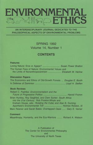 Primary view of object titled 'Environmental Ethics, Volume 14, Number 1, Spring 1992'.