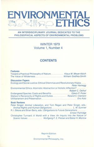 Primary view of object titled 'Environmental Ethics, Volume 1, Number 4, Winter 1979'.