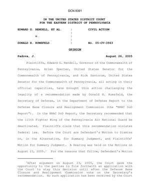 Federal District Court Decision in Pennsylvania Gov Rendell's case against Secretary of Defense