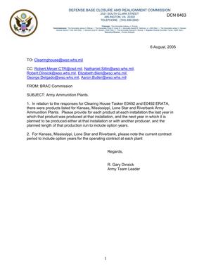 Department of Defense Clearinghouse Response: DoD Clearinghouse Response to a letter from the BRAC Commission regarding Army Ammunition Plants.