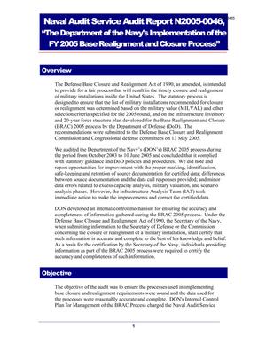 Overview - Naval Audit Service Audit Report N2005-0046, “The Department of the Navy's Implementation of the FY 2005 Base Realignment and Closure Process”