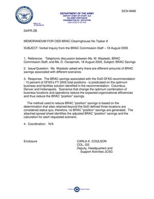 Department of Defense Clearinghouse Response: DoD Clearinghouse Response to a letter from the BRAC Commission regarding DFAS BRAC Savings.