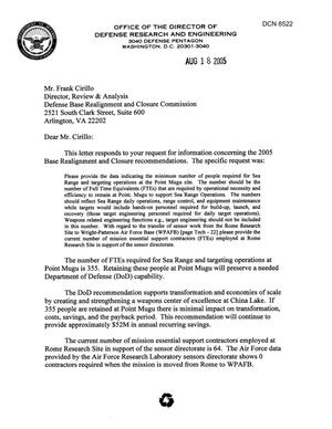 Department of Defense Clearinghouse Response: DoD Clearinghouse Response to a letter from the BRAC Commission regarding Full Time Equivalents.