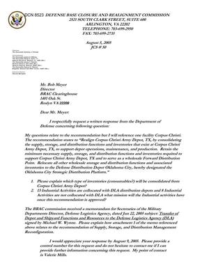 Department of Defense Clearinghouse Response: DoD Clearinghouse Response to a letter from the BRAC Commission regarding Corpus Christi Army Depot.