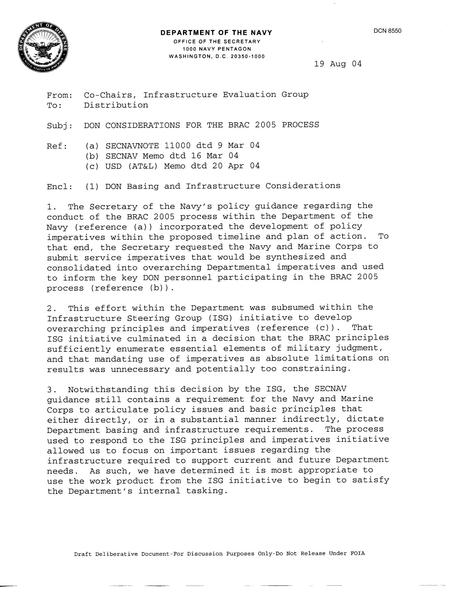 Department of the Navy Memorandum - Dept of Navy Considerations for the