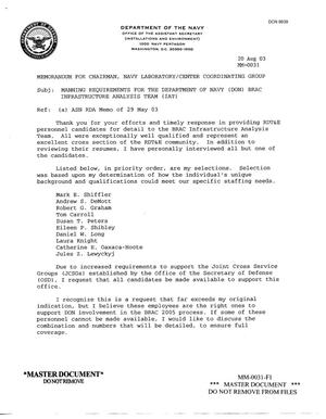 Department of the Navy Memorandum dated 20 Aug 03 - Manning Requirements for the Department of Navy (DON) BRAC Infrastructure Analysis Team