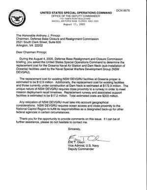 Department of Defense Clearinghouse Response: DoD Clearinghouse Response to a letter from the BRAC Commission regarding Naval Special Warfare Development Group.