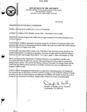 Memorandum for BRAC from Lt Col. Douglas H. Hartley, 107 ARW/SC/COBRA Cost Model for Niagara Falls ARB