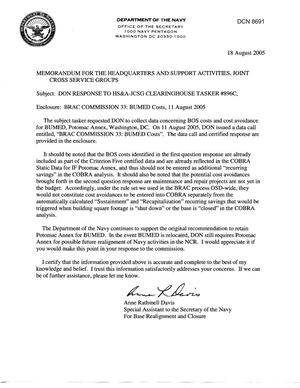 Department of Defense Clearinghouse Response: DoD Clearinghouse Response to a letter from the BRAC Commission regarding BUMED Costs.