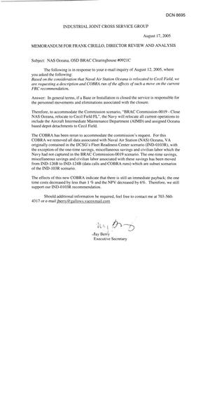Department of Defense Clearinghouse Response: DoD Clearinghouse Response to a letter from the BRAC Commission regarding NAS Oceana.