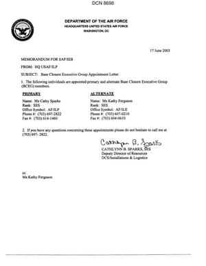 Memorandum dtd 06/17/03 from Cathlynn Sparks, SES Deputy Director of Resources DCS/Installations & Logistics (HQ USAF/ILP) to SAF/IEB