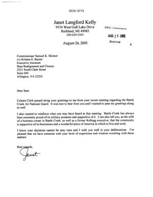 Letter from Janet Langford Kelly of richland Michigan to Commissioner Skinner.