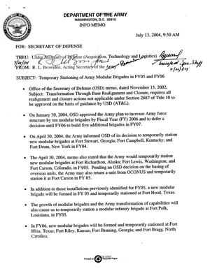 Dept of the Army Force Structure - Info Memo, "Temporary Stationing of Army Modular Brigades in FY05 and FY06," (13 Jun 04)