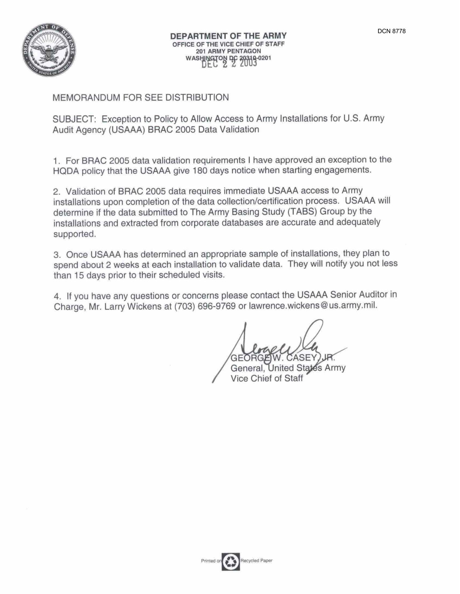 Dept of the Army Auditing Docs, Memo "Exception to Policy to Allow