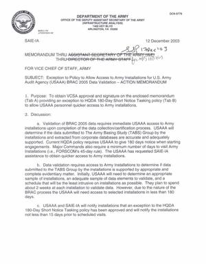 Dept of the Army Auditing Docs, Memo "Exception to Policy to Allow Access to Army Installations for U.S. Army" (12 Dec 03)