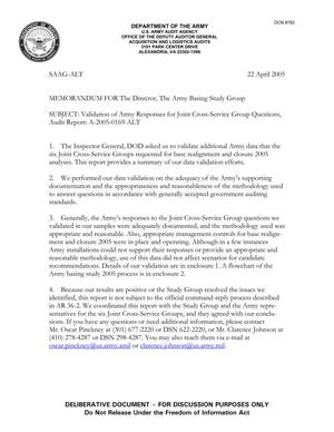 Dept of the Army Auditing Docs, Memo "Validation of Army Responses for Joint Cross-Service Group Questions," (22 Apr 05)