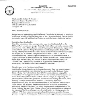 Department of Defense Clearinghouse Response: DoD Clearinghouse Response to a letter from the BRAC Commission pertaining to testifying before the Commission on August 20, 2005.