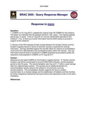 Department of Defense Clearinghouse Response: DoD Clearinghouse Response to a letter from the BRAC Commission regarding Army Aviation Logistics.