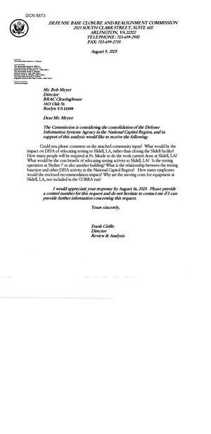 Department of Defense Clearinghouse Response: DoD Clearinghouse Response to a letter from the BRAC Commission regarding DISA Slidell, LA Facility.