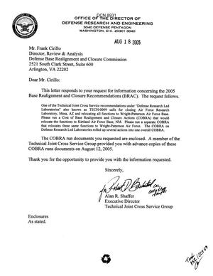 Department of Defense Clearinghouse Response: DoD Clearinghouse Response to a letter from the BRAC Commission regarding Defense Research led Laboratories.