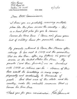 Letter from Katie Harner fof Dallas, Texas to the BRAC Commission.