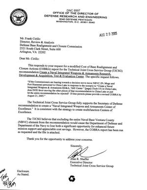 Department of Defense Clearinghouse Response: DoD Clearinghouse Response to a letter from the BRAC Commission pertaining to an integrated weapons and armaments RDAT&E center.