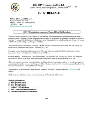 BRAC Commission Press Release: BRAC Commission Announces Dates of Final Deliberations